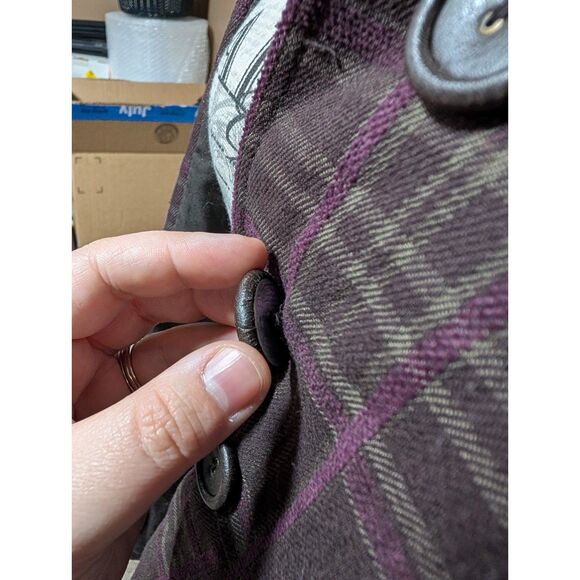 DKNY Jeans Women's Brown Purple Plaid Button Jacket Funnel Neck Fall Coat Large - Picture 11 of 14